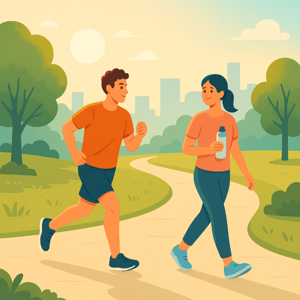 아침 햇살이 비치는 공원에서 한 사람은 공복 상태로 조깅을 하고, 다른 사람은 식사 후 물병을 들고 가볍게 걷는 모습