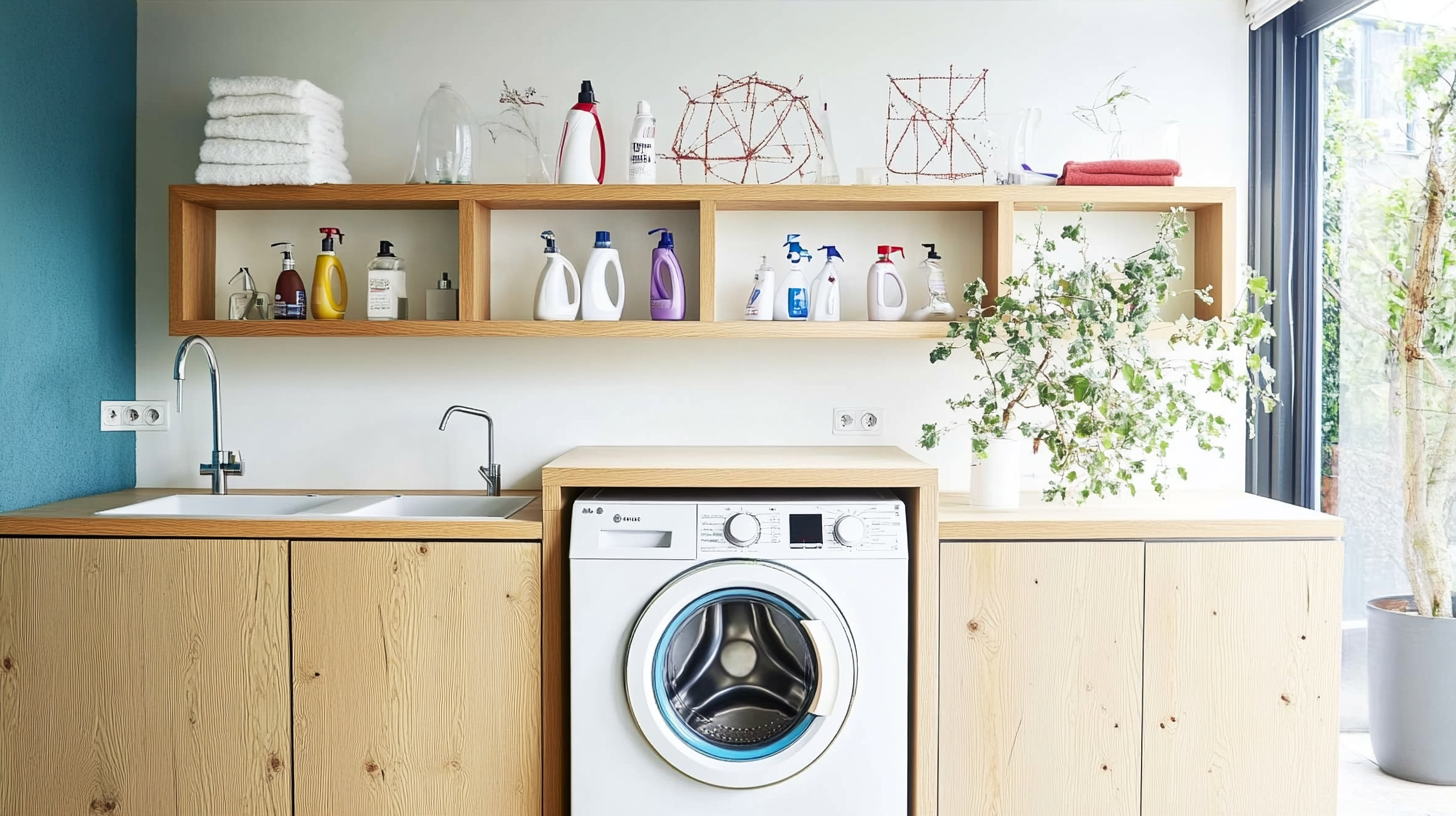 모던한 디자인의 세탁실에 위치한 통돌이 세탁기. 미니멀한 미학과 세련된 선들이 돋보이며, 오크 나무 선반과 기하학적인 패턴이 어우러져 쾌적한 분위기를 자아내고 있습니다.