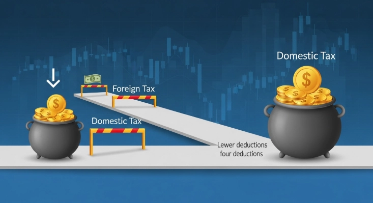 두 개의 다른 길이 그려진 이미지입니다. 한 길은 해외 세금과 국내 세금 두 개의 장애물을 넘어 작은 금화 항아리에 도달하고, 다른 길은 국내 세금 하나의 장애물만 넘어 더 큰 금화 항아리에 도달하여 이중과세 회피의 이점을 보여줍니다.