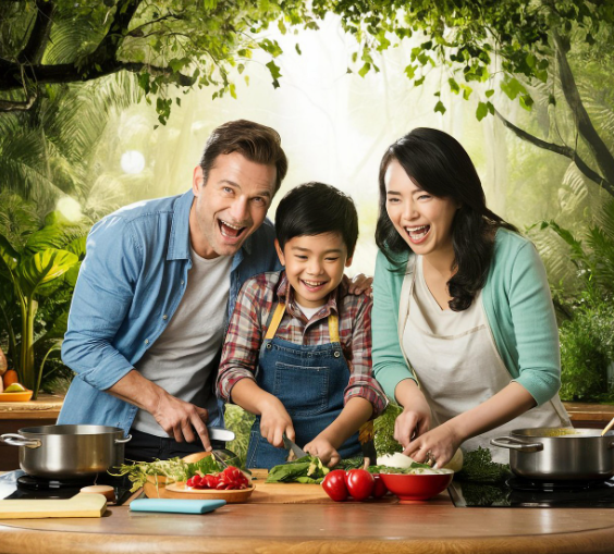 가족끼리 음식을 함께만들며 생활교육을 경험하는 모습사진