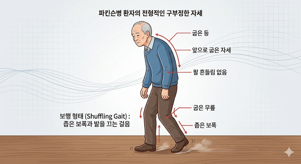 파킨슨병 환자의 전형적인 구부정한 자세와 보행 형태