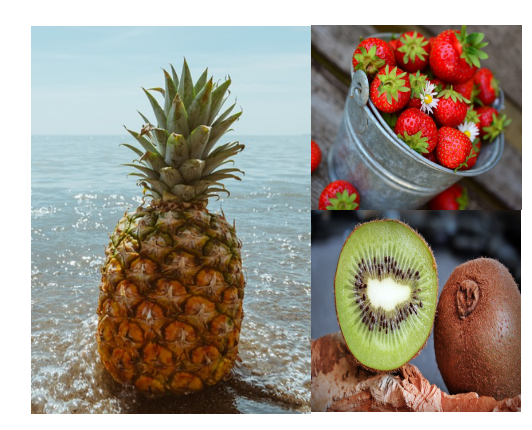 바다에 놓인 파인애플과, 바구니에 들어있는 딸기, 잘려져 있는 키위 사진