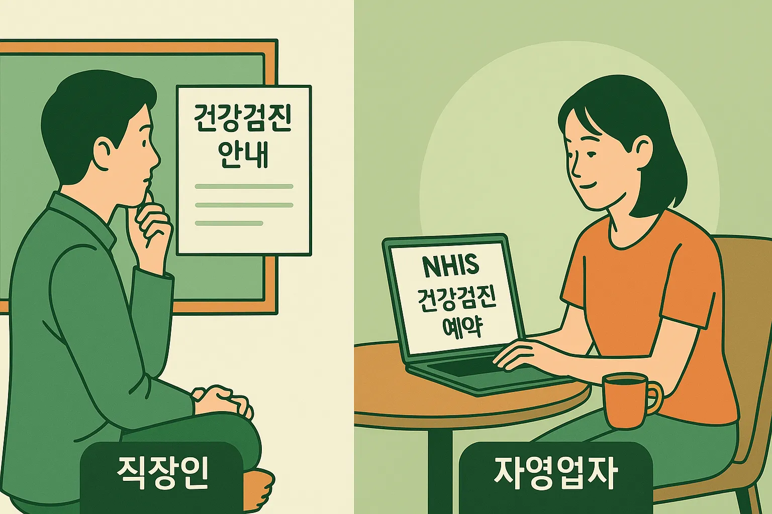회사에서 건강검진 안내를 받는 직장인과, 직접 홈페이지에서 예약하는 자영업자의 모습 비교