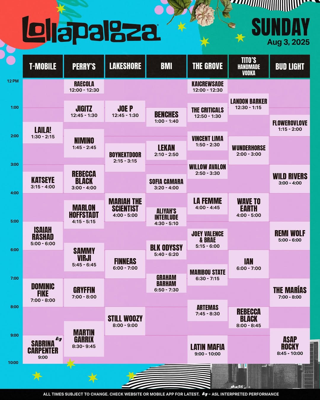 2025 롤라팔루자 시카고 타임테이블