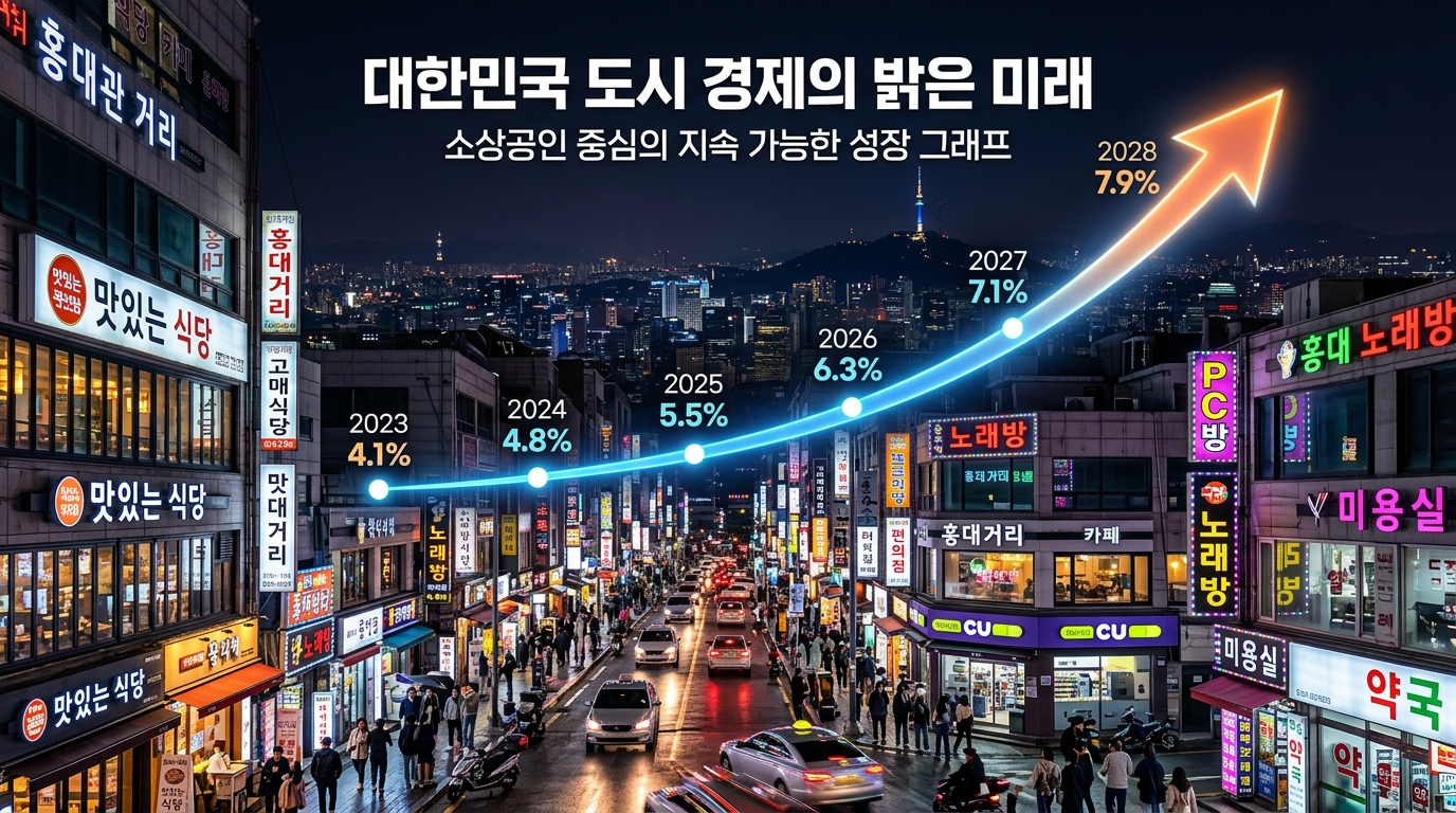 한국 도심의 밤거리 상점가 위로 보이는 희망적인 경제 성장 그래프