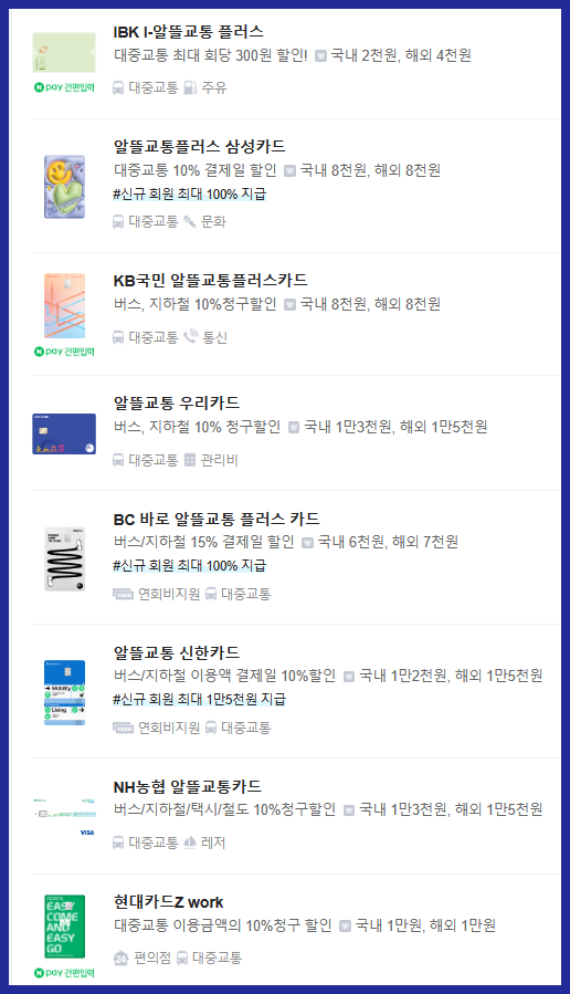 각 카드사별 알뜰교통카드 (출처 네이버)