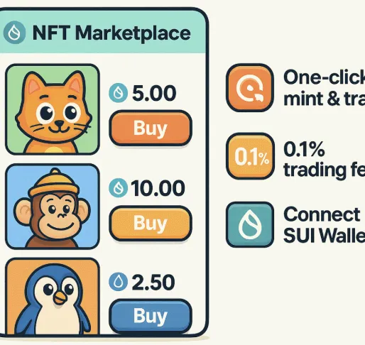 SUI 기반 NFT 마켓플레이스 BlueMove의 거래 화면을 픽사풍 UI 스타일로 표현한 이미지. 귀여운 캐릭터 NFT와 함께 가격, 구매 버튼, 낮은 거래 수수료(0.1%), SUI Wallet 연동 기능이 강조되어 있으며, 블로그의 NFT 거래 UX 설명과 관련된 내용을 시각적으로 전달함 (BlueMove NFT marketplace, SUI trading interface, Web3 UI)