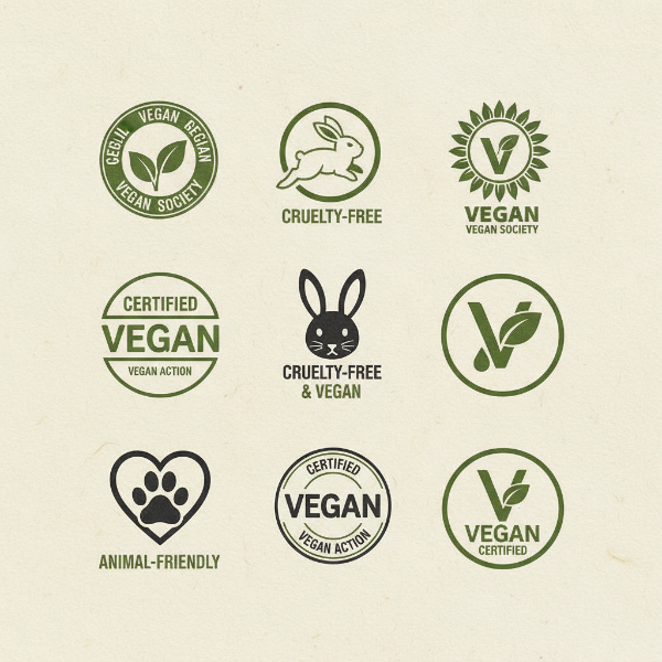 리핑 버니, 비건 소사이어티, PETA 등 다양한 비건 및 크루얼티 프리 인증 로고들이 깔끔하게 정렬된 모습.