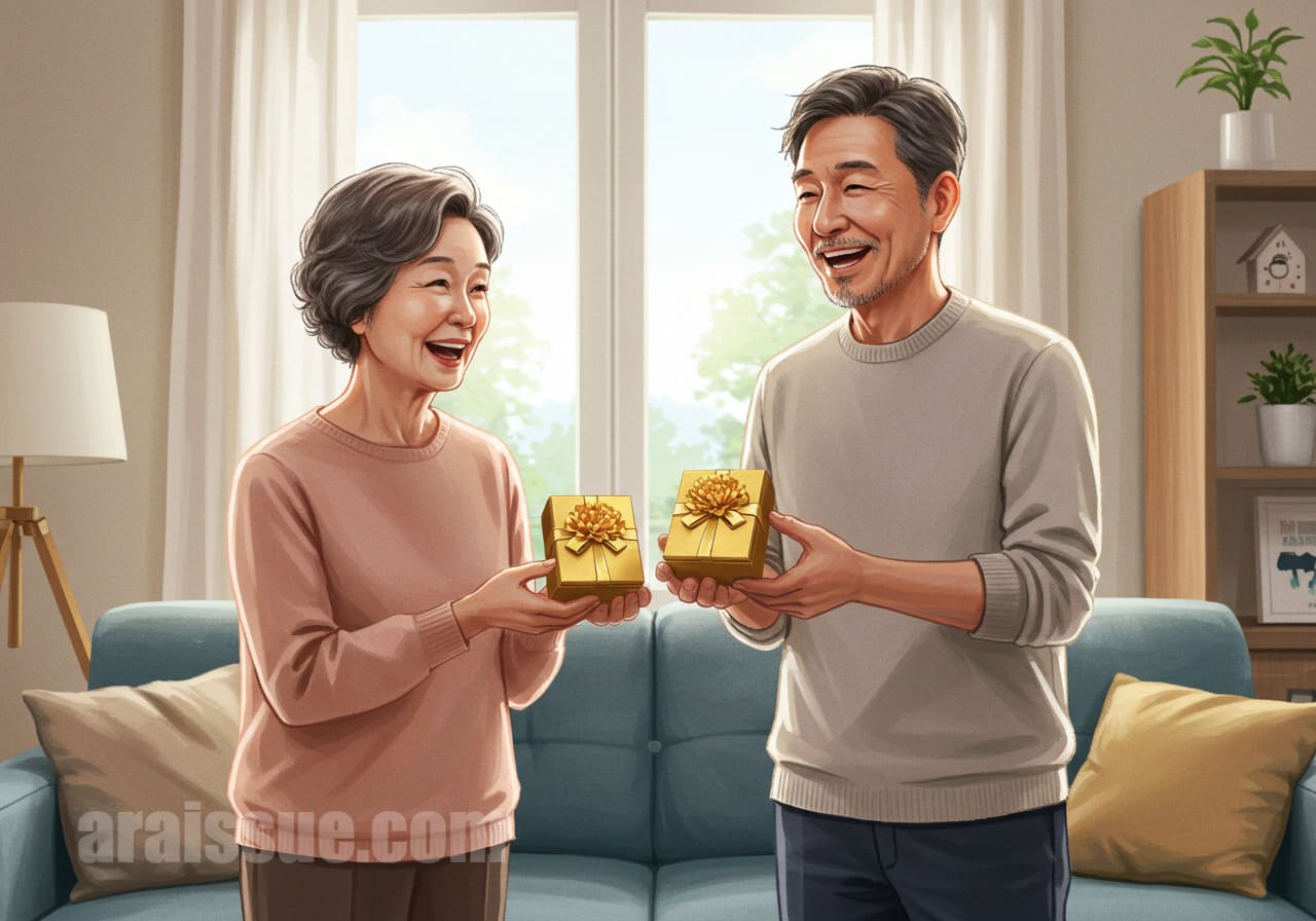 어버이날에 자녀가 부모님께 순금 카네이션을 선물하고 부모님이 따뜻하게 웃으며 기뻐하는 모습을 묘사했습니다. 포근한 거실 분위기 속에서 선물 상자와 부모님의 표정이 중심입니다.