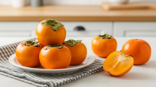 잘 익은 감 여러 개가 부엌 식탁 접시 위에 올려져 있음