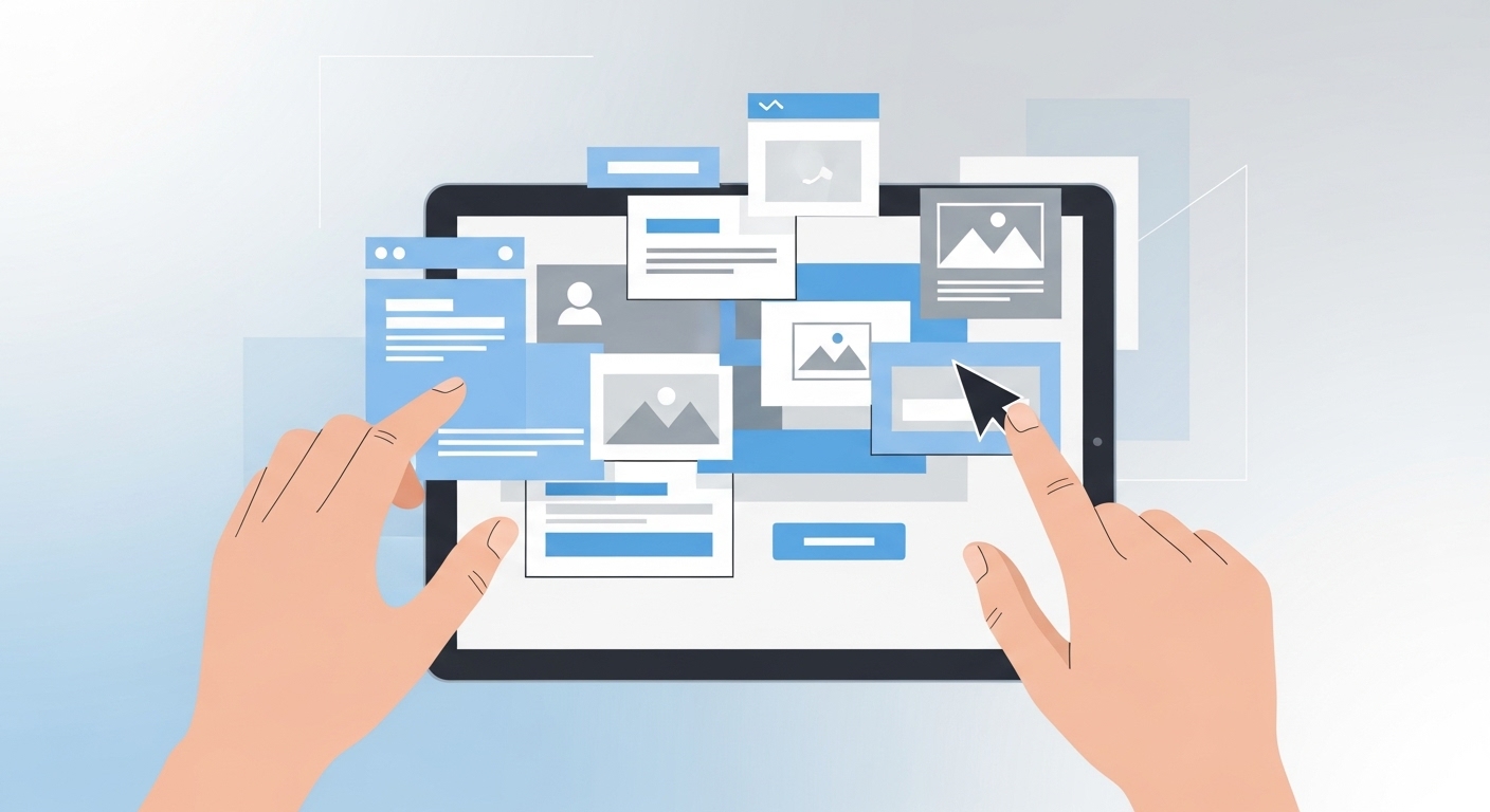 노코드 플랫폼에서 드래그 앤 드롭으로 앱 화면을 구성하는 모습.