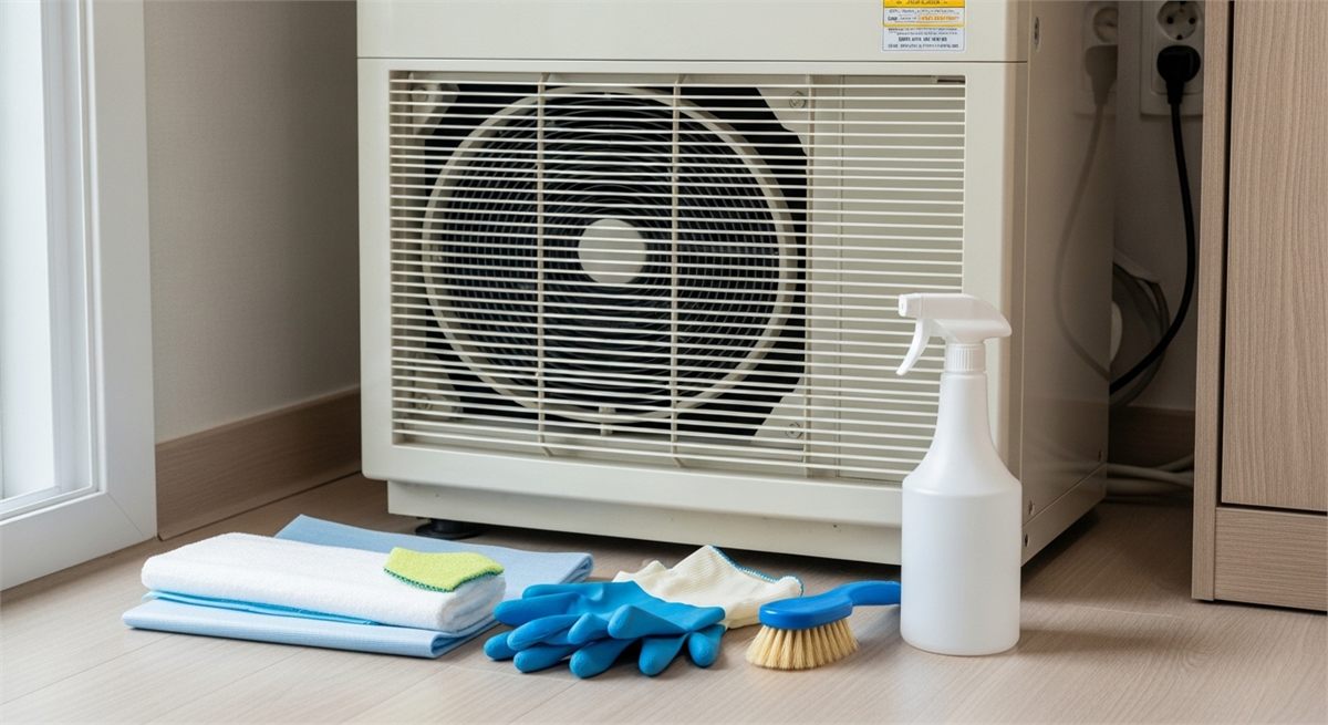 에어컨 청소 전에 준비한 보호시트와 청소도구 모습 