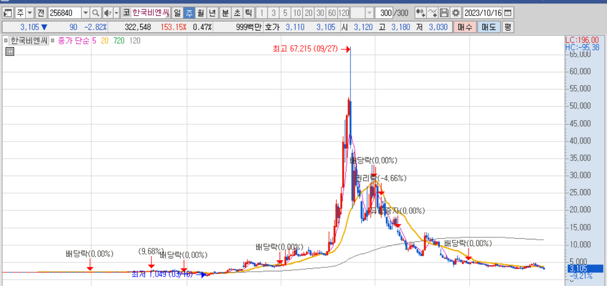 한국비엔씨 주봉차트