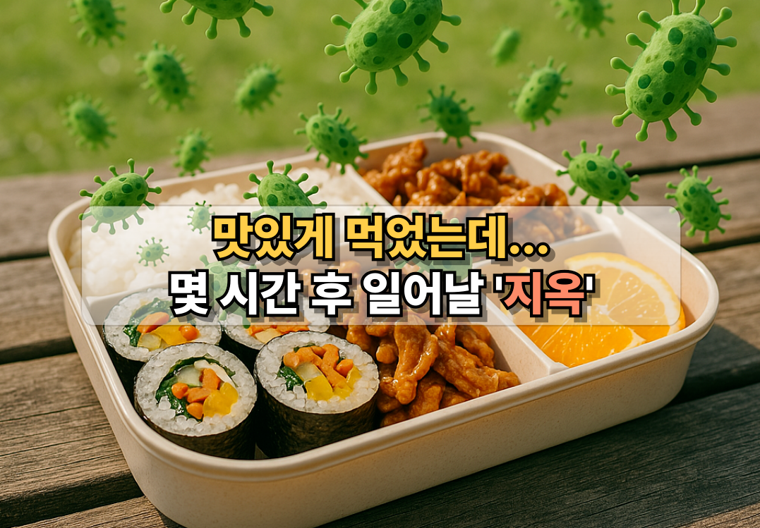 따뜻한 날씨에 도시락을 먹는 봄철, 식중독균이 퍼질 수 있는 위험을 알리는 경고 이미지