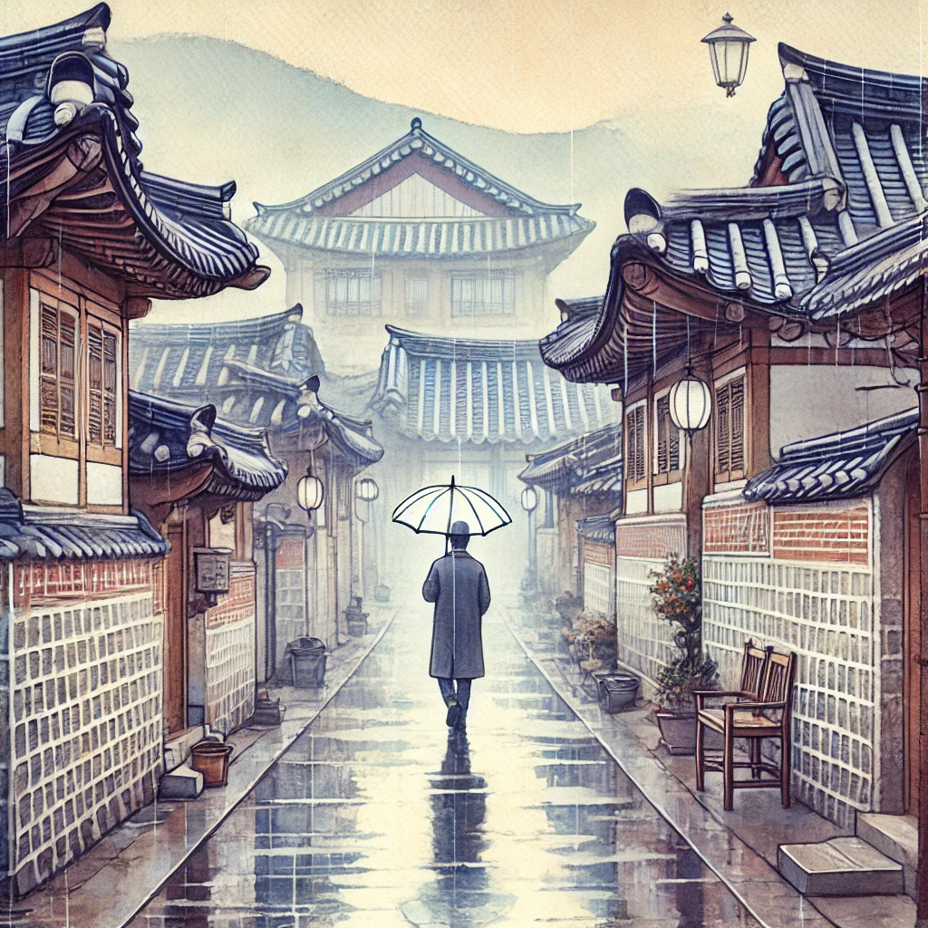 비 내리는 북촌의 한옥 골목길이 부드러운 수채화 느낌