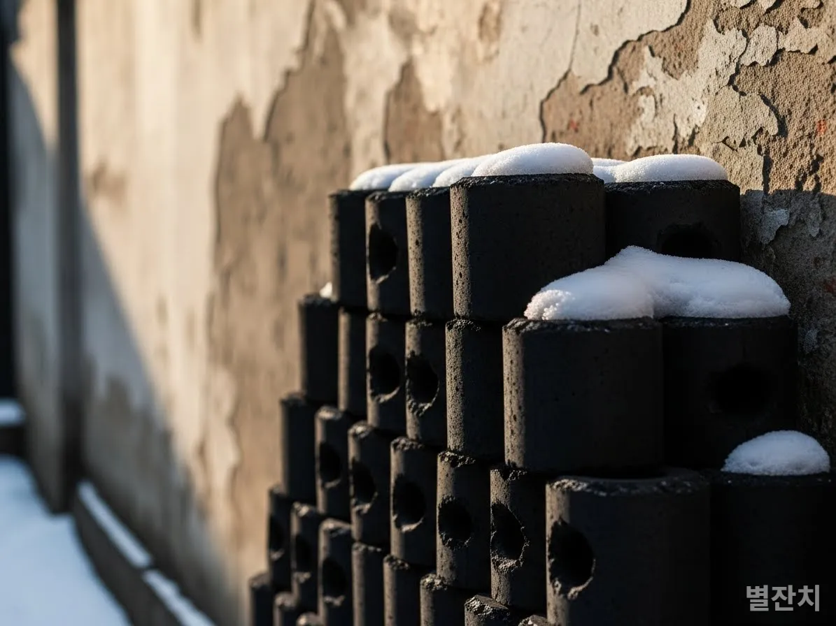 눈 내리는 한국 골목길에 쌓여 있는 검은 연탄 더미 클로즈업