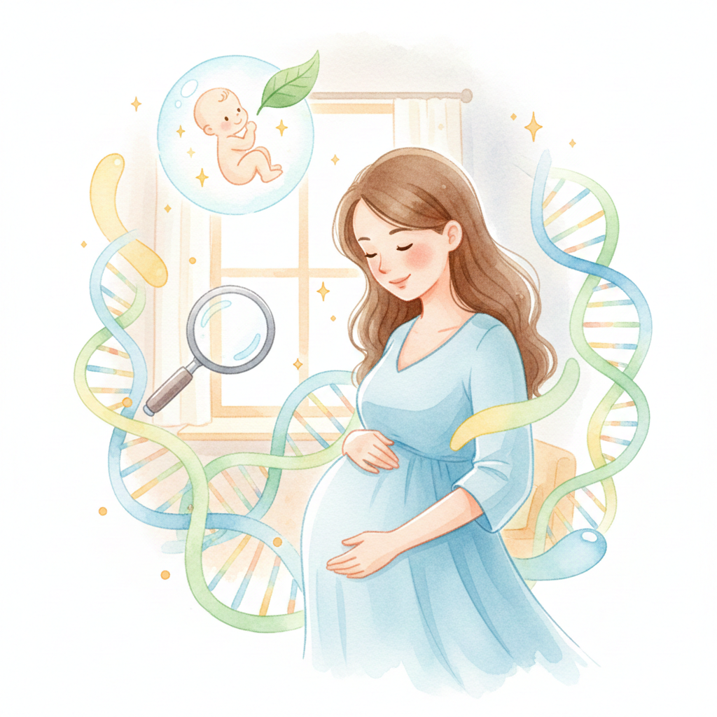 임신 초기 태아의 건강 상태를 확인하는 니프티 검사와 DNA 분석을 상징하는 수채화풍 삽화