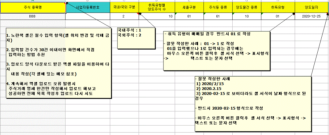 해외주식 양도소득세를 신고하기 위한 중간 절차로서, 홈택스에서 다운받을 수 있는 주식 엑셀업로드 양식 기입 방법에 대한 내용입니다.