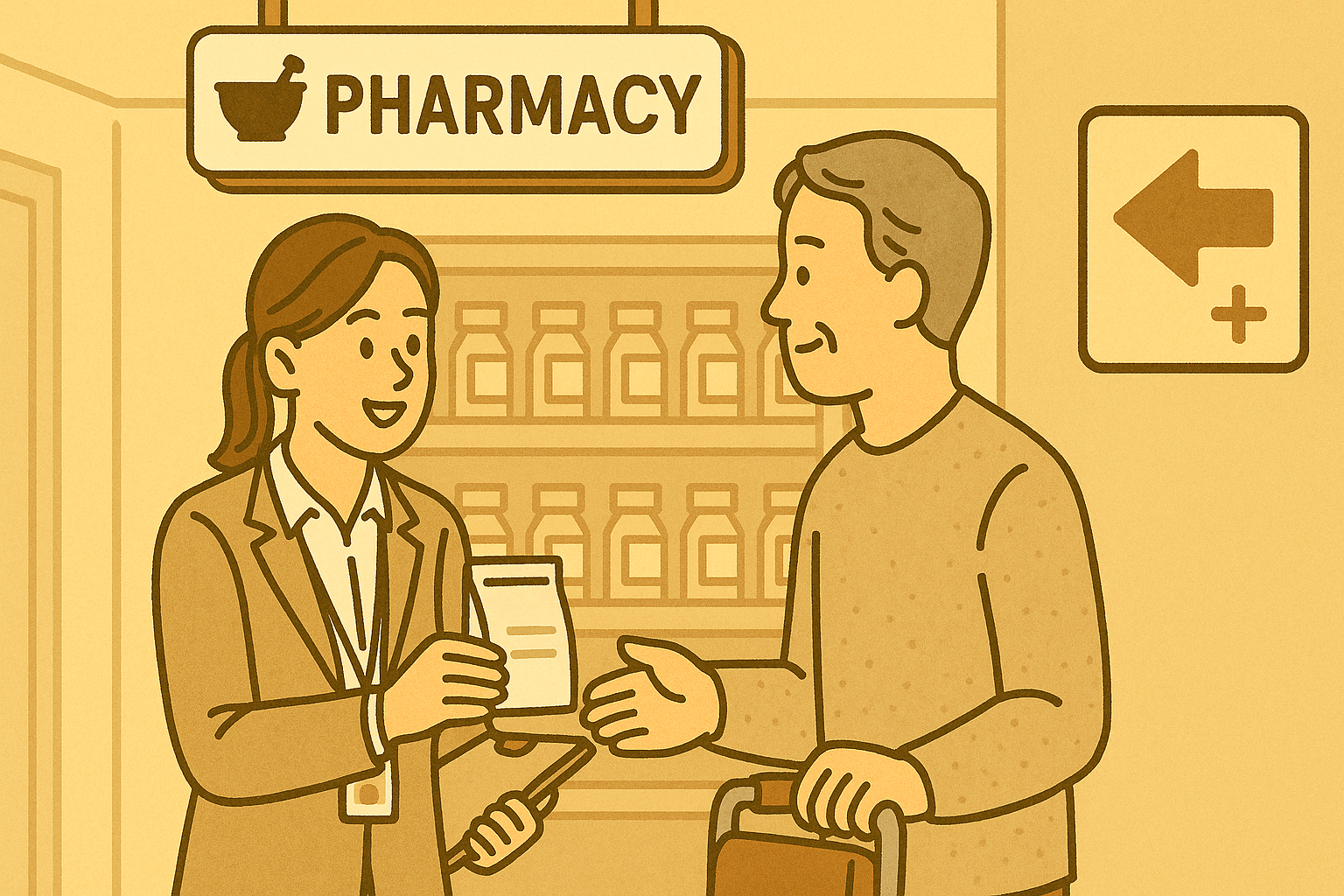 약국에서 약 처방을 설명하는 병원동행매니저와 환자