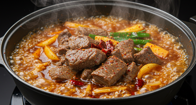 소고기 유개장을 끓이고 있는 이미지