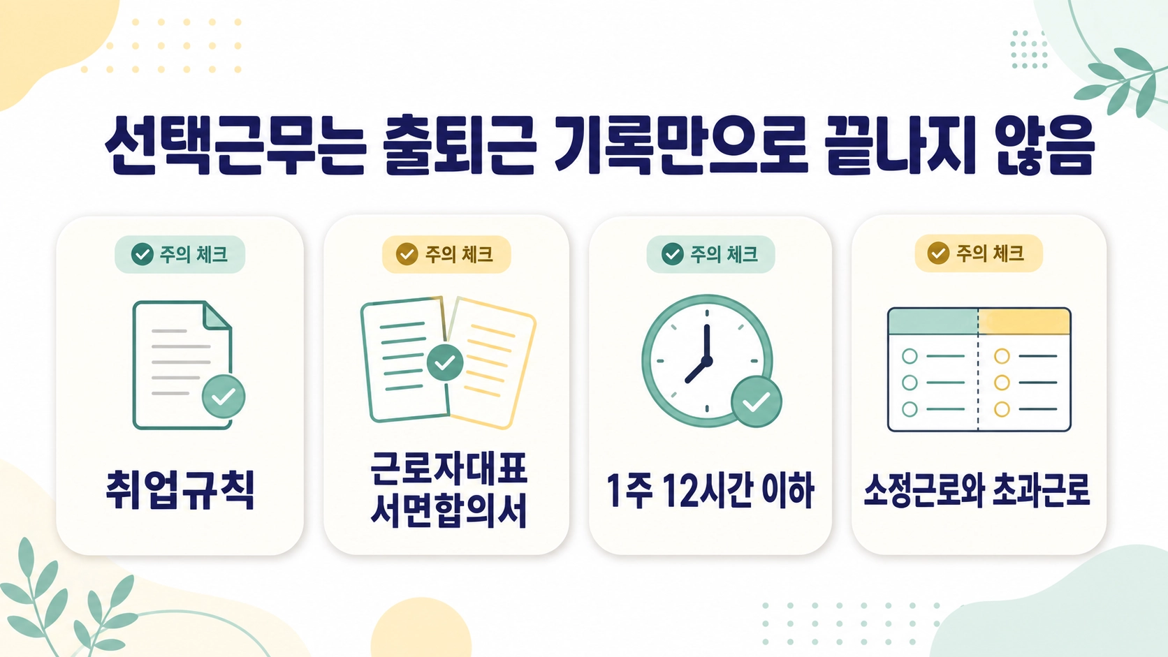 선택근무 신청 시 취업규칙과 근로자대표 서면합의서, 초과근로 관리 항목을 확인하는 구성