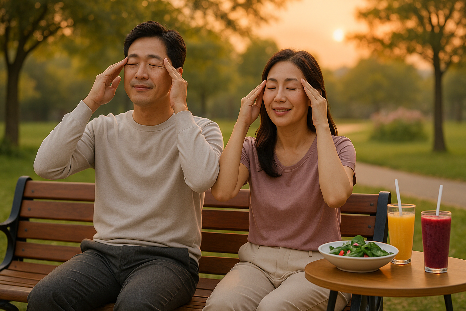 공원 벤치에서 눈 스트레칭 중인 부부