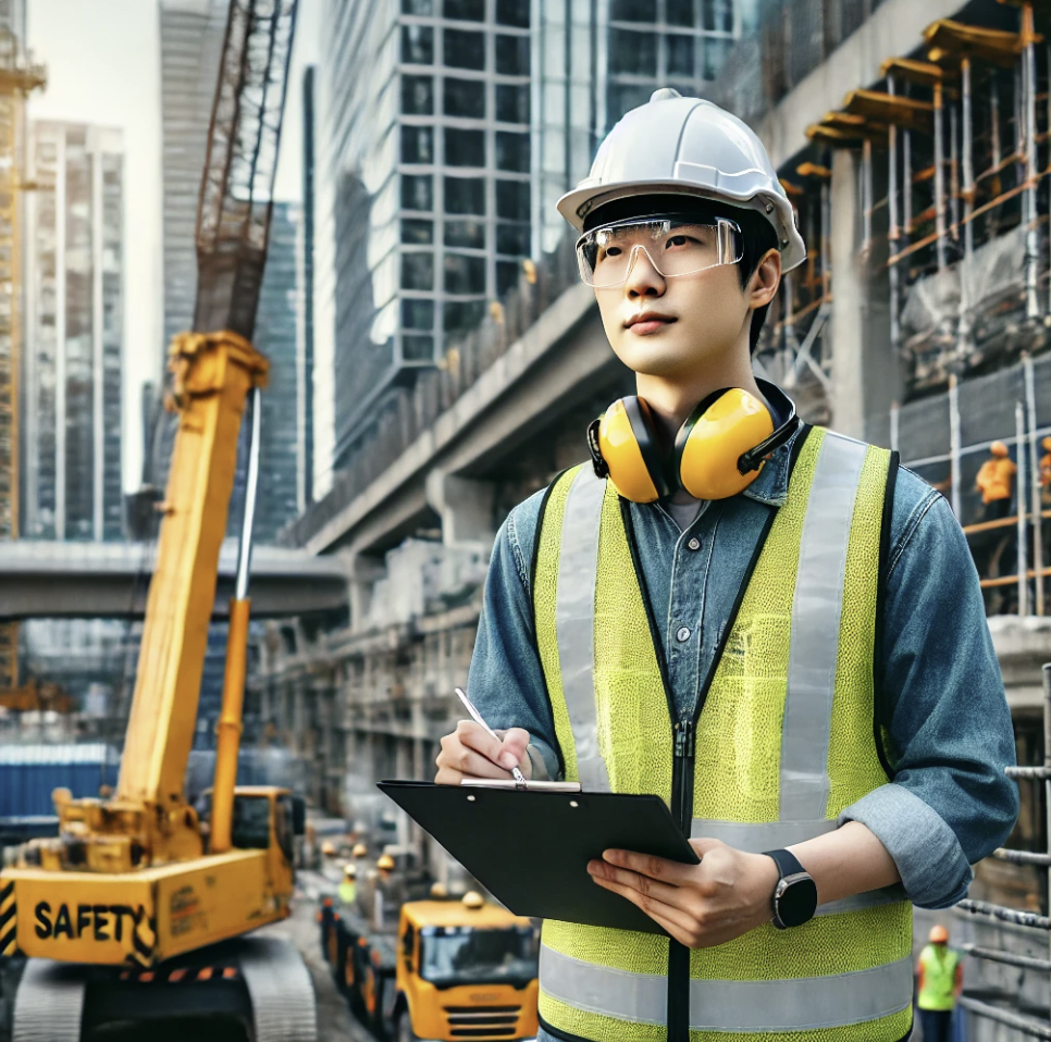 건설 현장에서 건설 기계를 점검하는 근로자의 모습