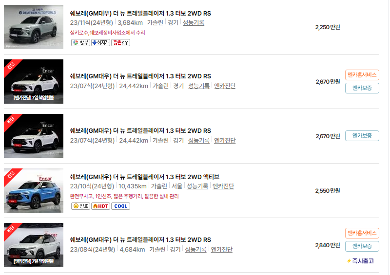 쉐보레 트레일블레이저 중고차 가격 시세표 24년10월