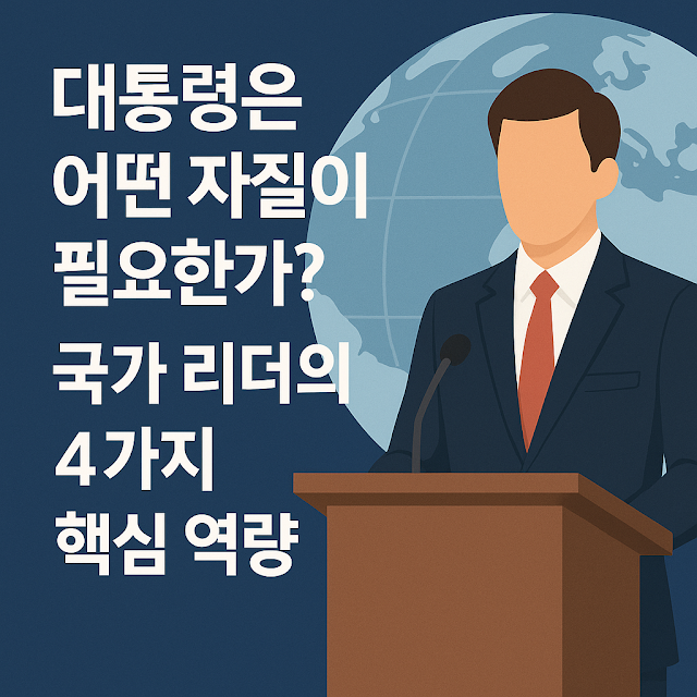연단에서 세계 지도를 배경으로 연설하는 대통령 일러스트와 자질을 묻는 한국어 문구
