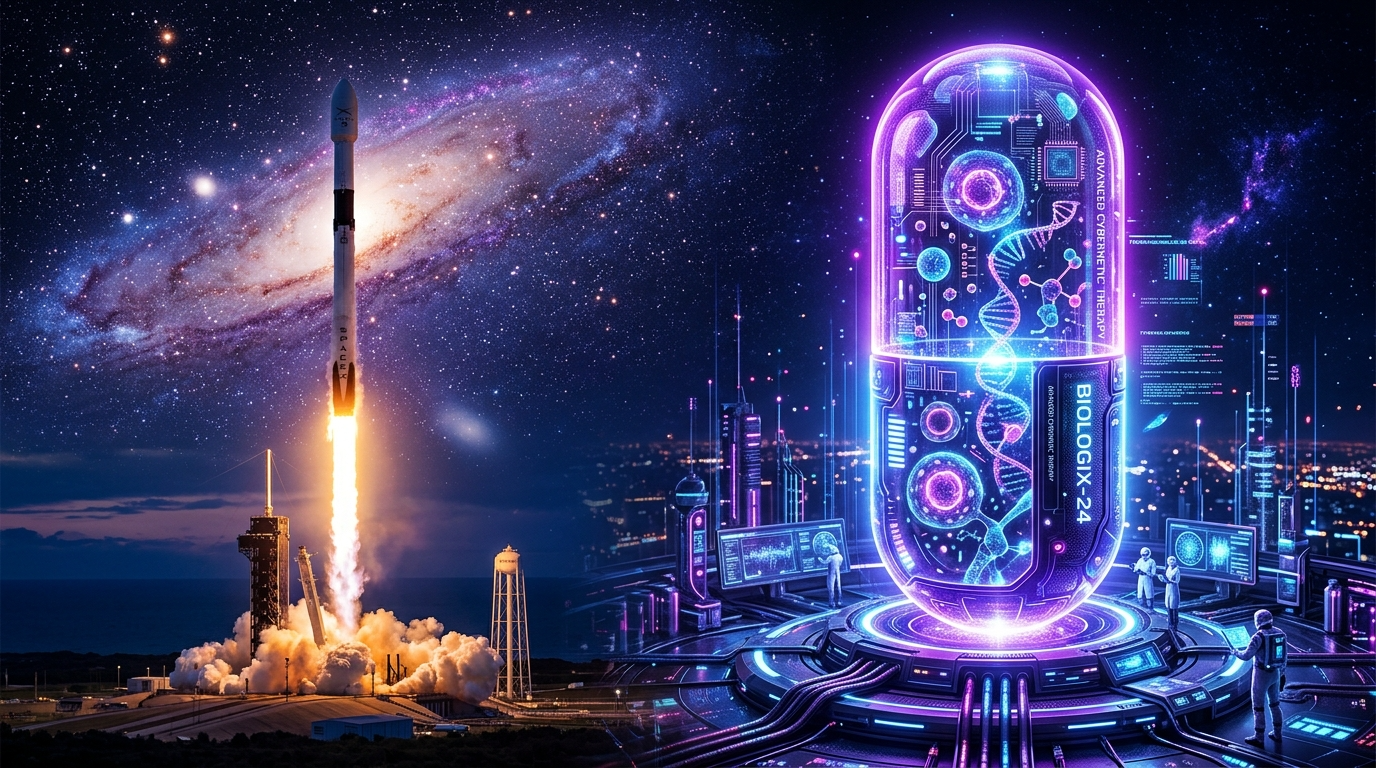 광활한 우주로 솟구치는 스페이스X 로켓과 화이자의 새로운 신약 캡슐이 겹쳐지는 미래지향적인 그래픽