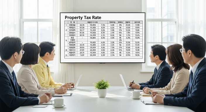 큰 화면에 재산세 세율표가 표시된 회의 모습