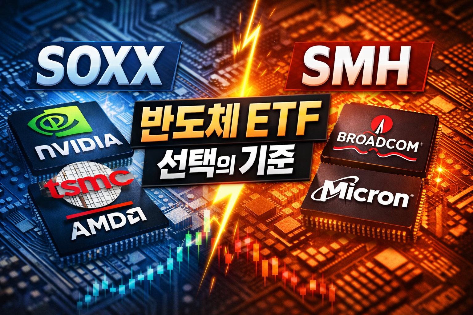 SOXX와 SMH 반도체 ETF 비교를 주제로 반도체 칩 배경 위에 ETF 이름과 선택 기준 문구가 들어간 썸네일 이미지