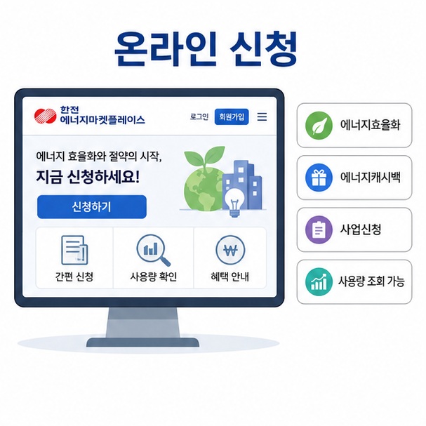 한전 에너지마켓플레이스에서 에너지효율화와 에너지캐시백 메뉴를 선택해 신청하고 사용량을 조회하는 모습을 표현한 이미지