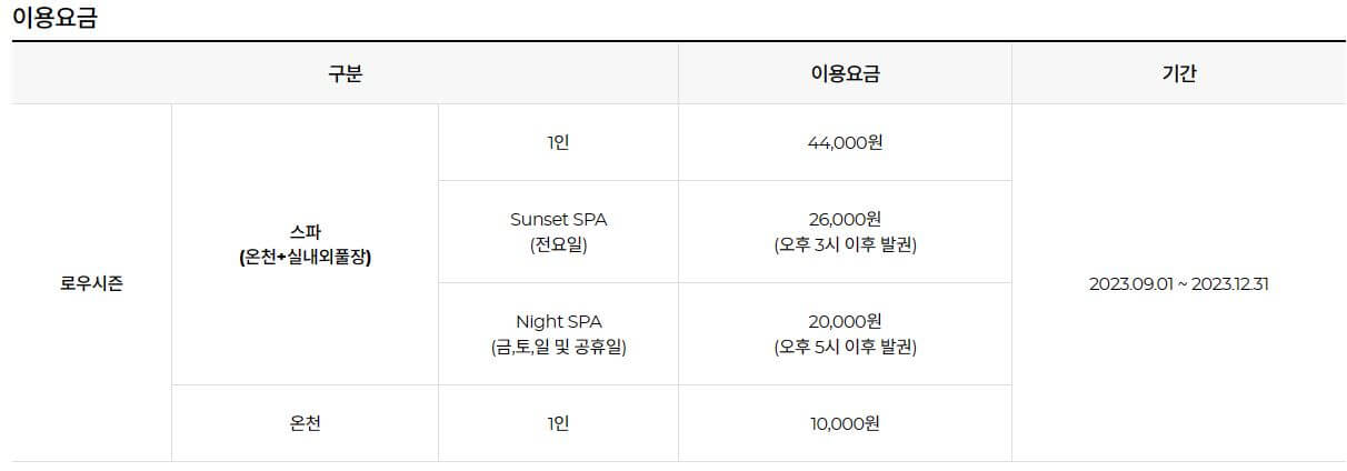국내 온천 여행 파라다이스 스파 도고
이용요금