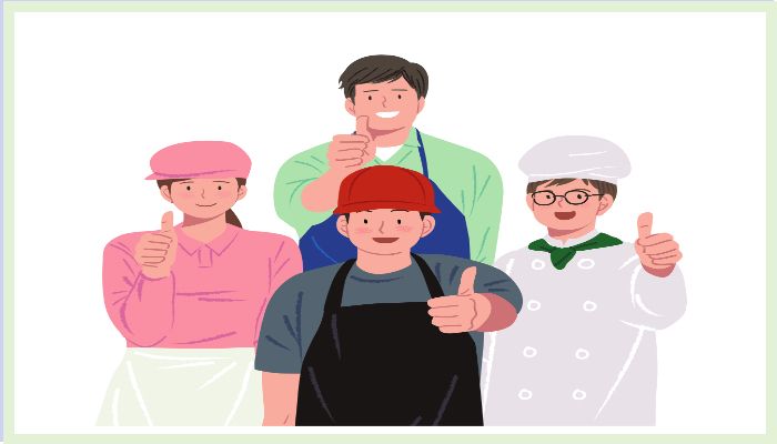 제과, 요식업, 외식 관련 업종의 남성 소상공인 네 명이 엄지를 들어 올리며 긍정적인 표현을 하고 있는 모습의 일러스트