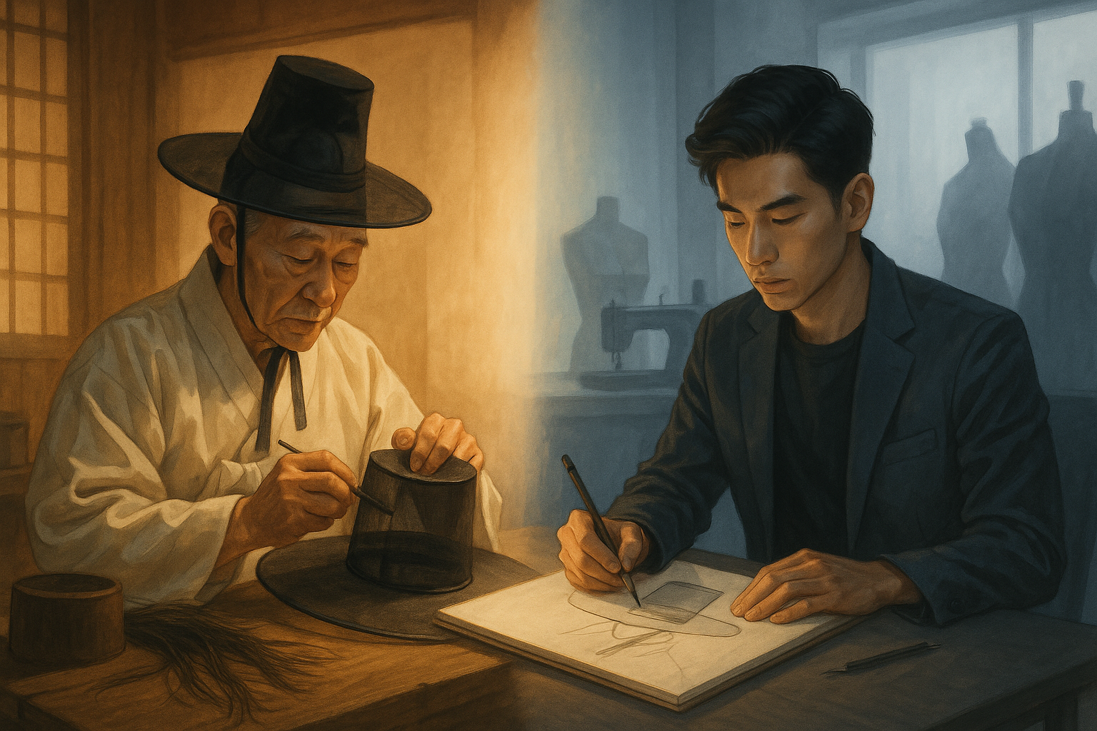 갓일장(좌)과 현대의 갓 디자이너(우) 대비 일러스트