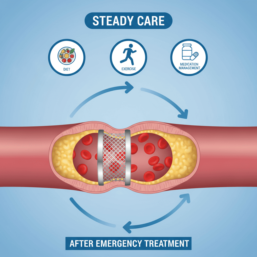 스텐트가 막힌 혈관을 열어주는 의료 그래픽과
식단·운동·약물 관리 아이콘이 함께 있는 이미지.