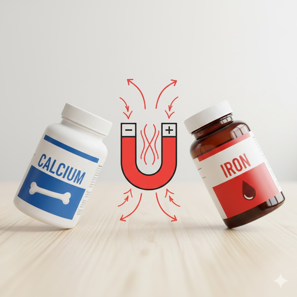 서로 밀어내는 자석 아이콘과 함께 배치된 칼슘과 철분 영양제 병