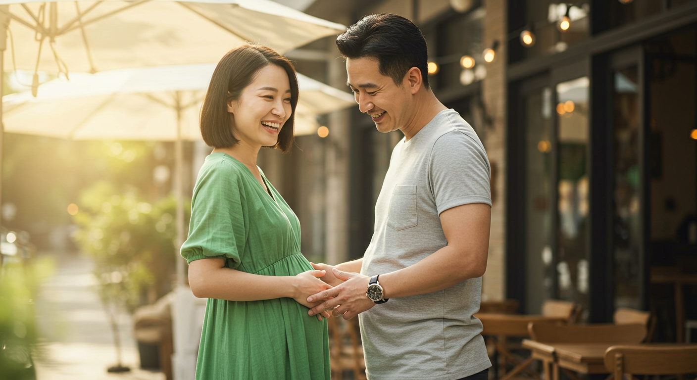 임신 5개월차 부부. 서로를 마주보며 행복한 웃음을 짓고 있다.