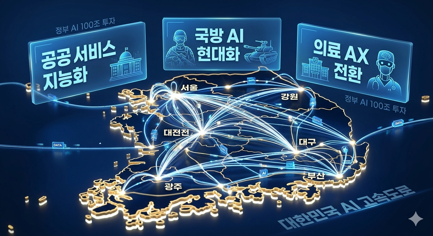 대한민국 정부의 100조 투자로 구축되는 AI 고속도로와 공공&middot;국방&middot;의료 분야의 지능화 로드맵 시각화 이미지