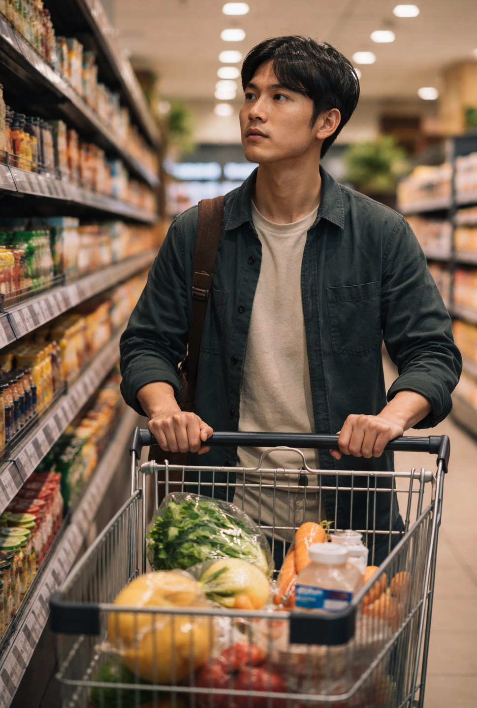 마트에서 물가를 보며 고민하는 소비자의 모습, 체감 경기와 경제 지표의 차이를 보여주는 장면