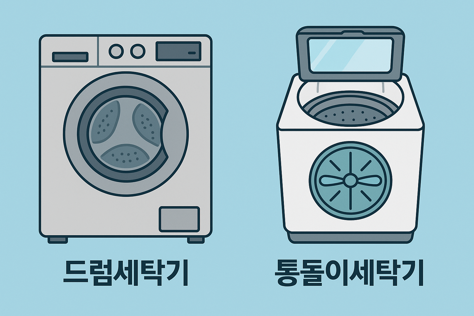 드럼세탁기와 통돌이세탁기 구조를 나란히 비교한 일러스트