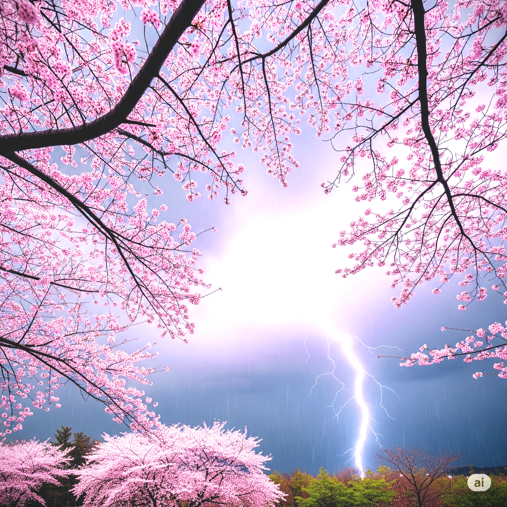 꽃나무 사이로 보이는 번개