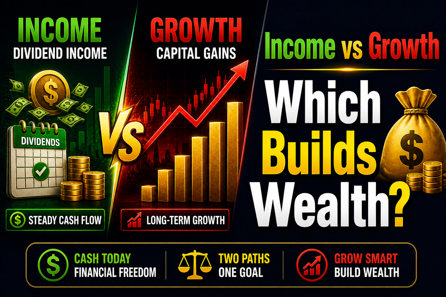 Dividend income vs capital gains comparison showing cash flow and growth
