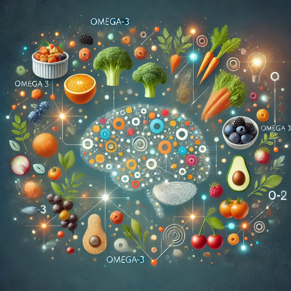 고해상도 뇌 건강 식단 이미지 - 나무 테이블 위의 연어, 아보카도, 호두 등 자연 식재료 클로즈업