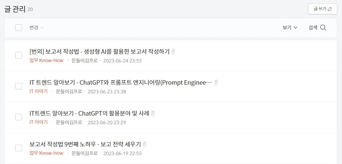 지금까지 작성된 글은 20개, 실제 애드센스 심사시 작성된 포스트는 18개밖에 되지 않는다.