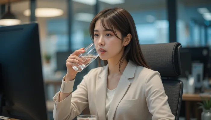 책상에서 물과 함께 보충제를 복용하는 직장인의 일상