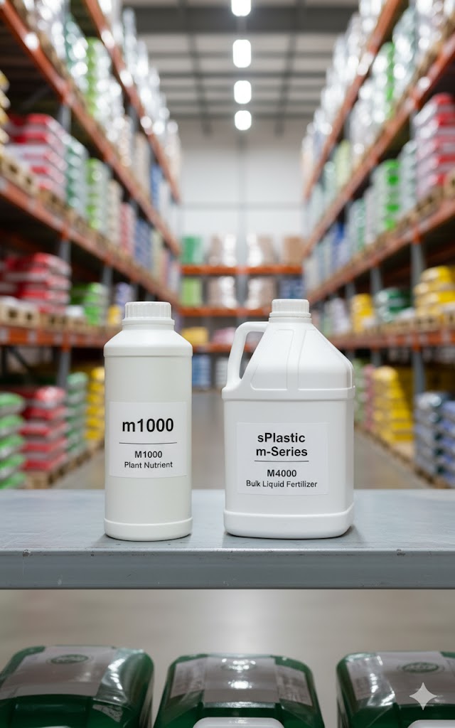 삼양플라스틱 m-Series M1000과 M4000 HDPE 용기가 깔끔하게 정돈된 농자재 창고 선반에 나란히 놓여 있습니다. M1000에는 'Plant Nutrient' 라벨이, M4000에는 'Bulk Liquid Fertilizer' 라벨이 붙어 있어, 비료업체에서 효율적인 대용량 및 소분 용도로 활용됨을 보여줍니다. (M1000과 M4000 두 모델이 비료업체 창고에서 함께 활용되는 모습을 통해, 두 용량의 시너지와 전문성을 강조합니다.