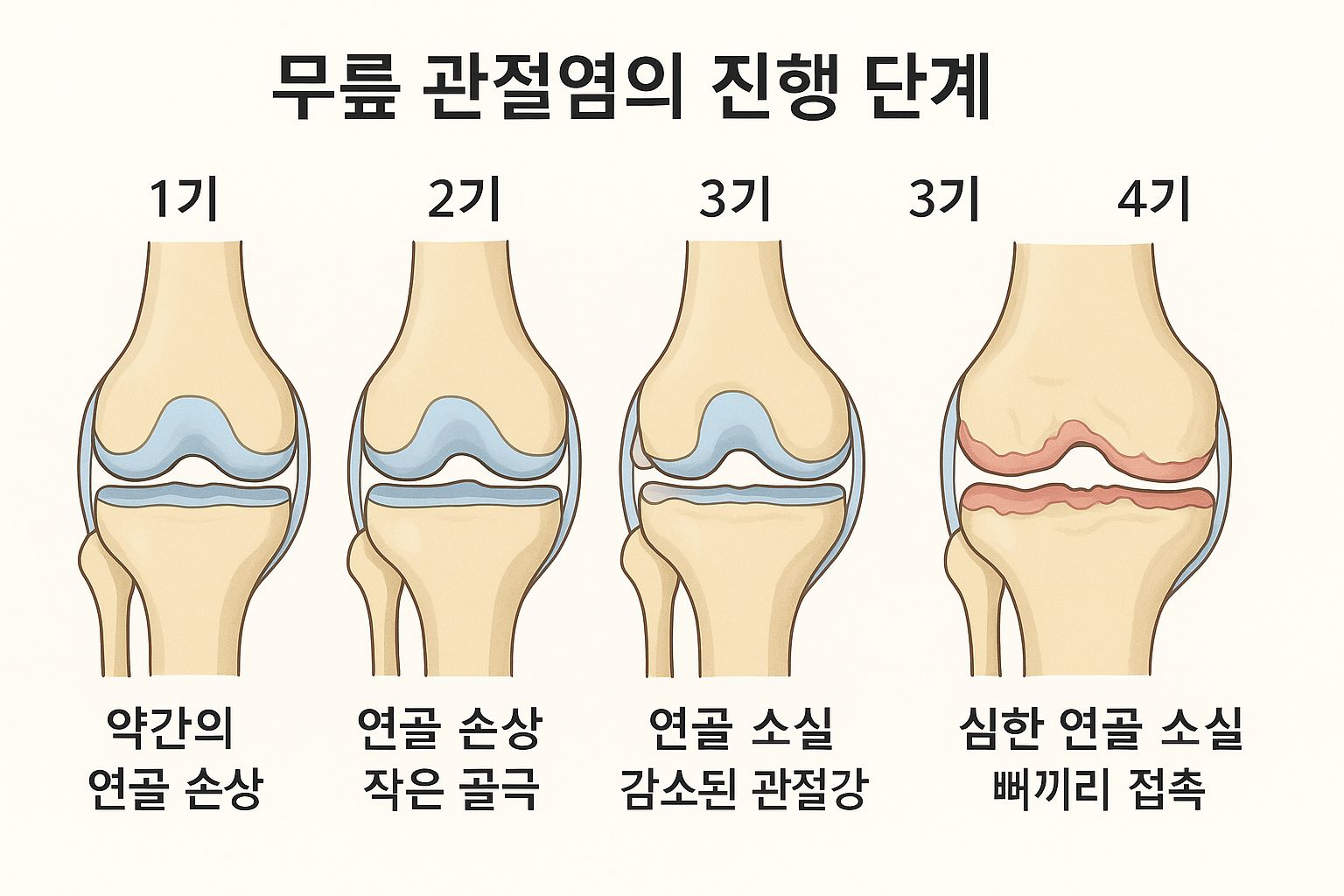 무릎 관절염 4단계 진행 과정 다이어그램