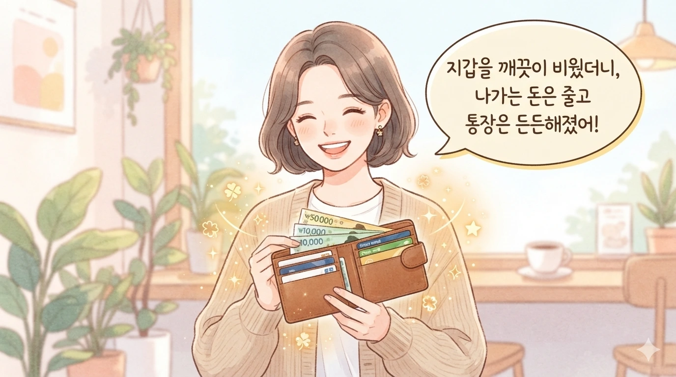 단정하게 정리된 지갑을 보며 기분 좋게 미소 짓는 캐릭터와 말풍선이 담긴 가로형 웹툰 일러스트